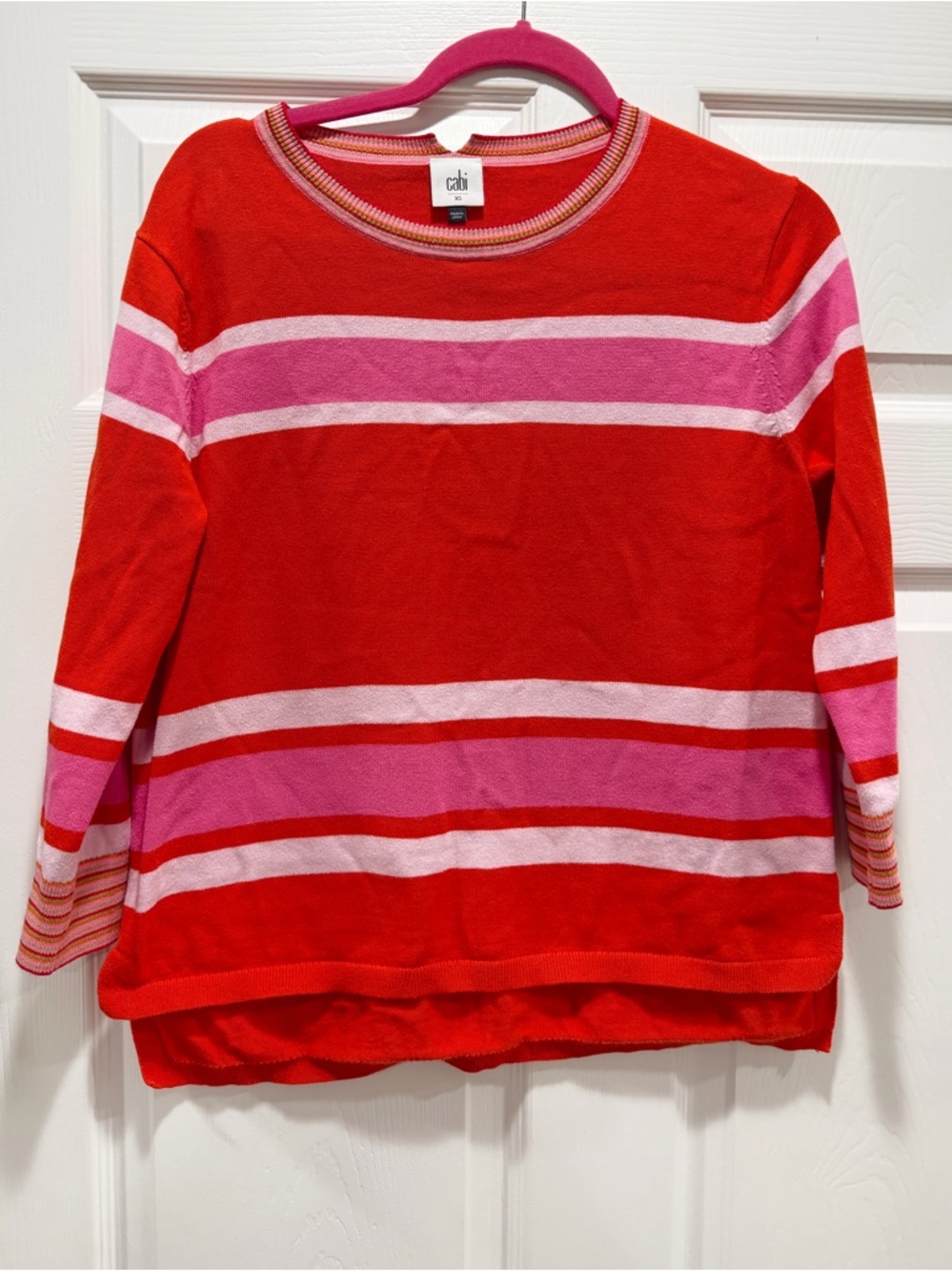 CAbi Red Sweater with Pink Striping 99% cotton Size XS